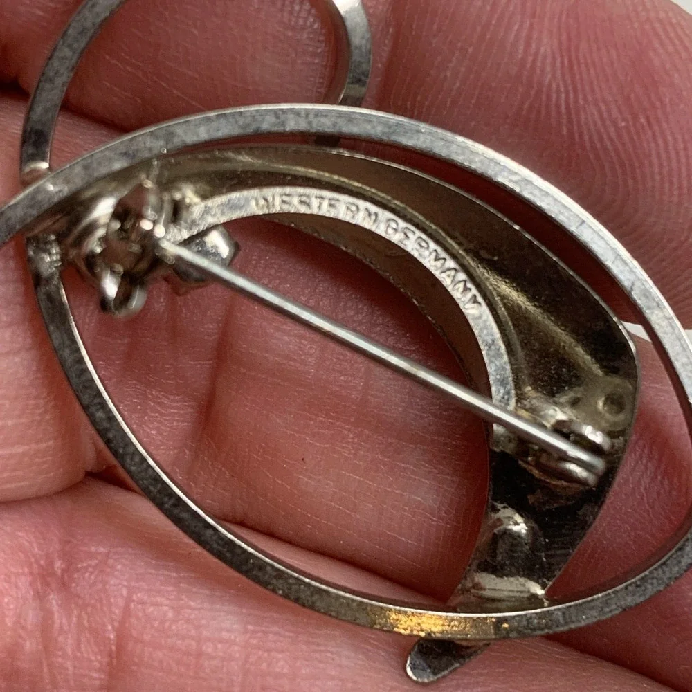 Vintage Modernist Silver Tone Brooch Pin Made in Western Germany Clear Crystals